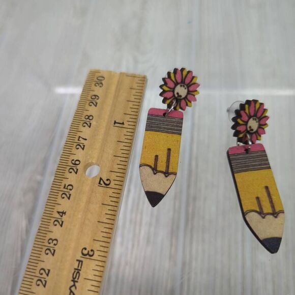Handmade Womens Floral Pencil Pierced Earrings Yellow Pink Teachers Gift 2.5" - Picture 5 of 5